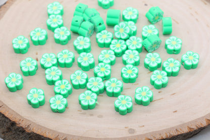 Green Flower Polymer Clay Beads, Flower Clay Beads, Flower Shape Beads, Jewelry Beads, Beads for Bracelet, Kids Craft Beads #519