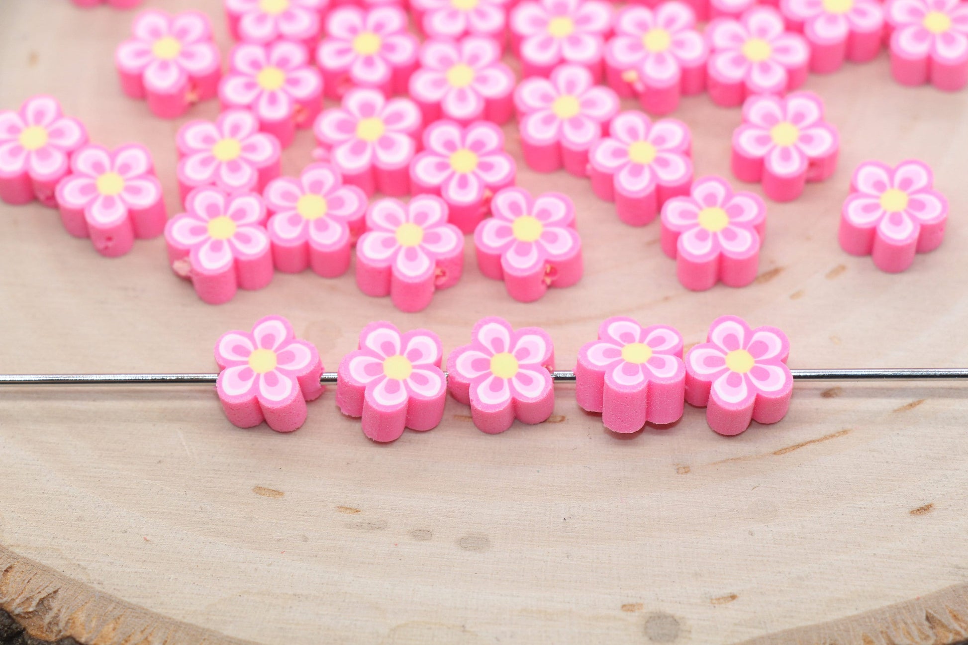 Pink Flower Polymer Clay Beads, Flower Clay Beads, Flower Shape Beads, Jewelry Beads, Beads for Bracelet, Kids Craft Beads #520