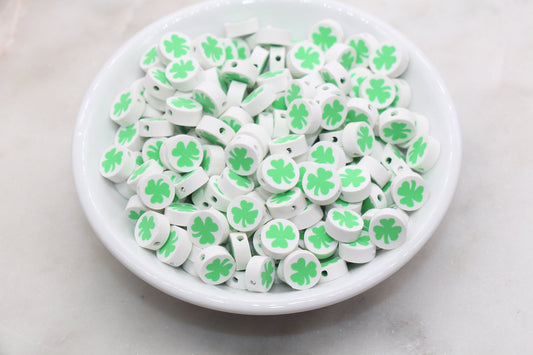 Green Four Leaf Clover Polymer Clay Beads, Irish Shamrock Clay Beads, St. Patrick Beads, Beads for Bracelet, Kids Craft Beads #527