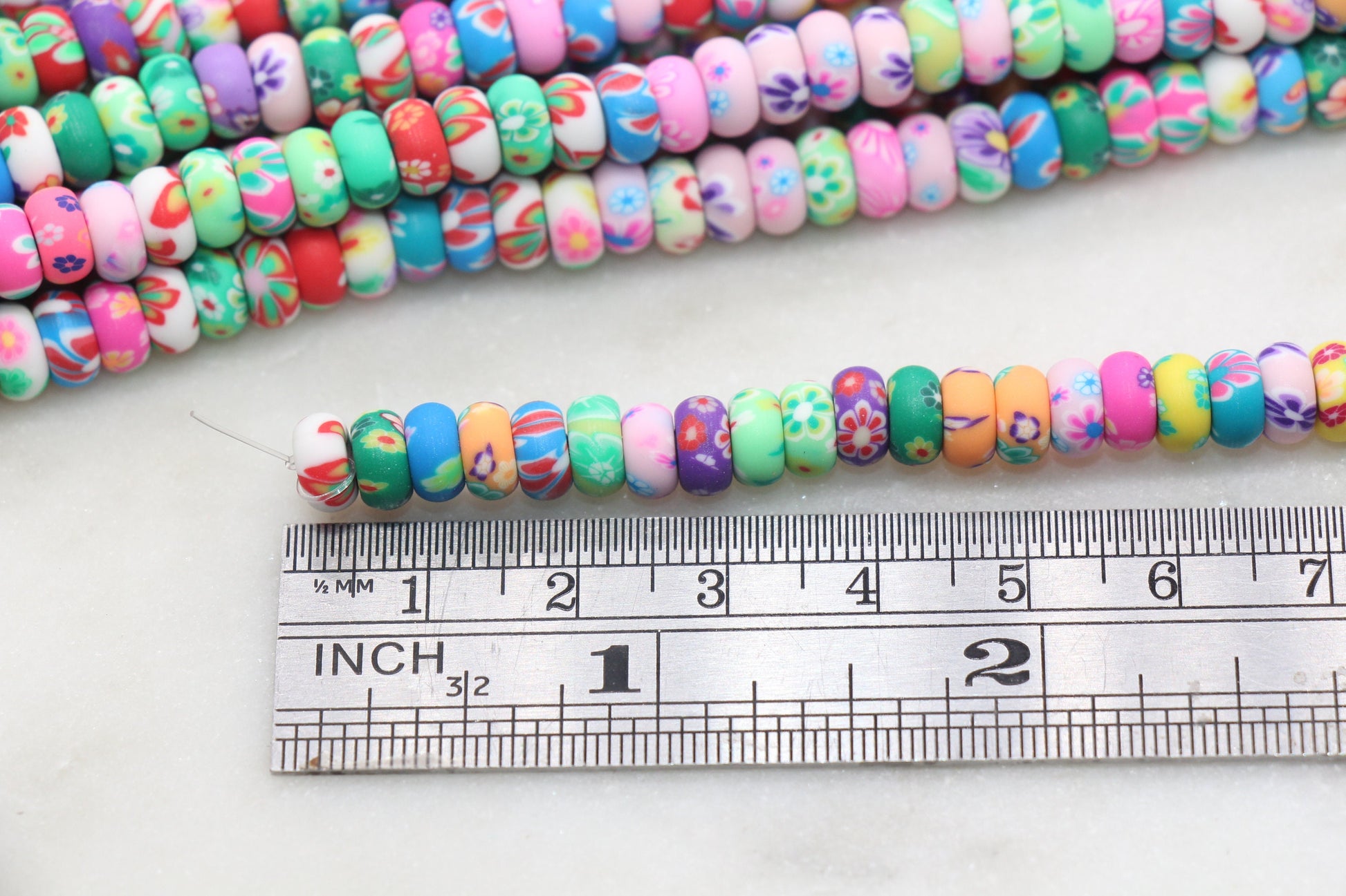 Flower Polymer Clay Beads, Rondelle Multicolor Flower Beads, Floral Clay Beads, Beads for Bracelets, Kids Craft Beads, Full Strand, #440