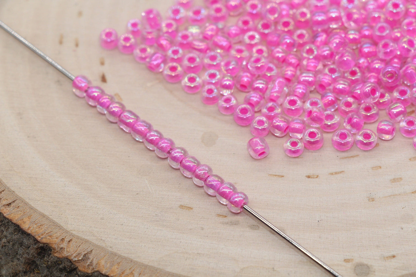 Iridescent Pink Lined Glass Seed Beads, 4mm 6/0 Glass Round Seed Beads, AB Pink Lining Glass Beads, Beading Supplies #1207