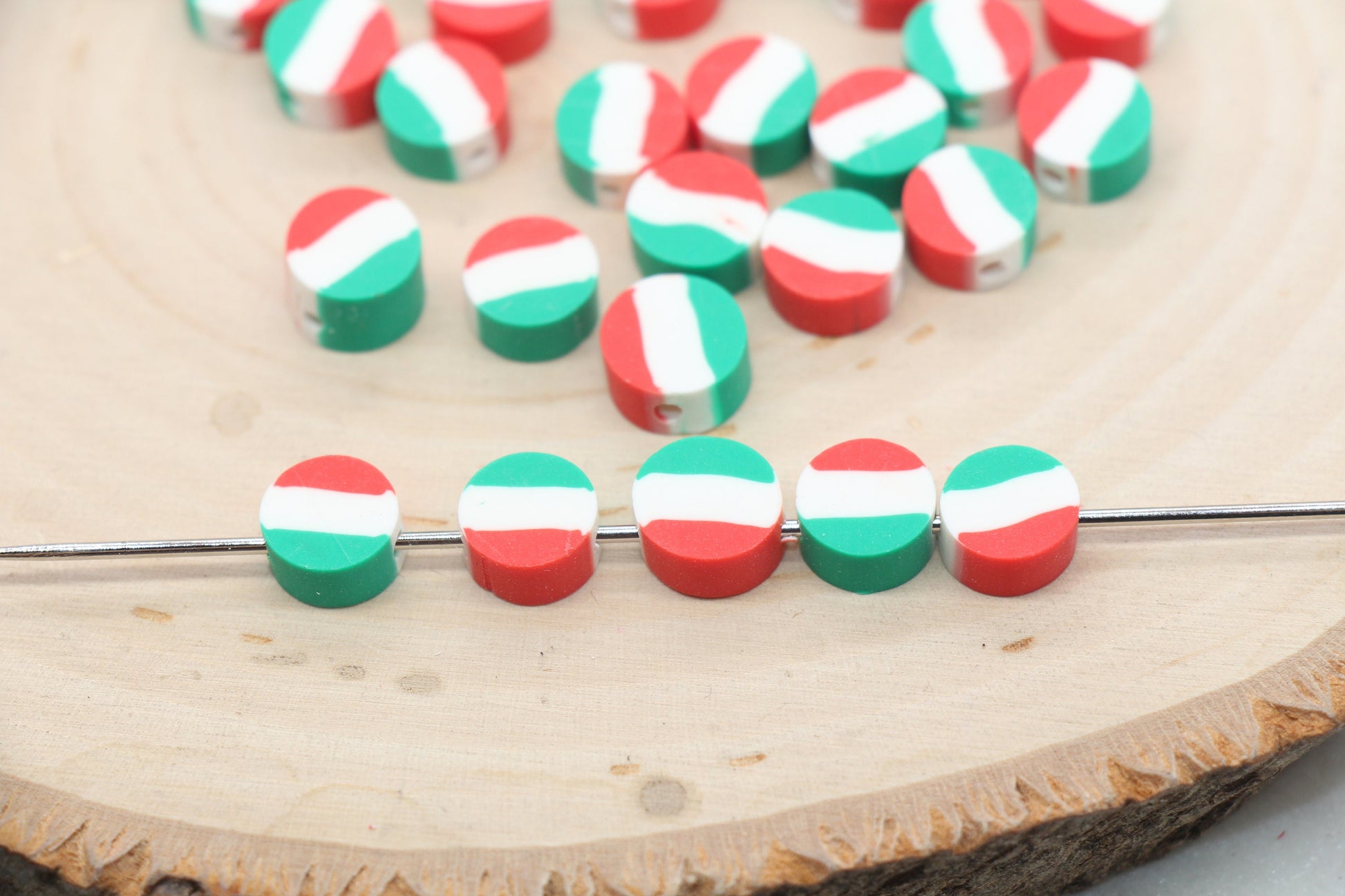 Italy Flag Clay Beads, Round Shape Country Flag Clay Beads, Green, White and Red Flag Polymer Clay Beads, Clay Jewelry Beads #475