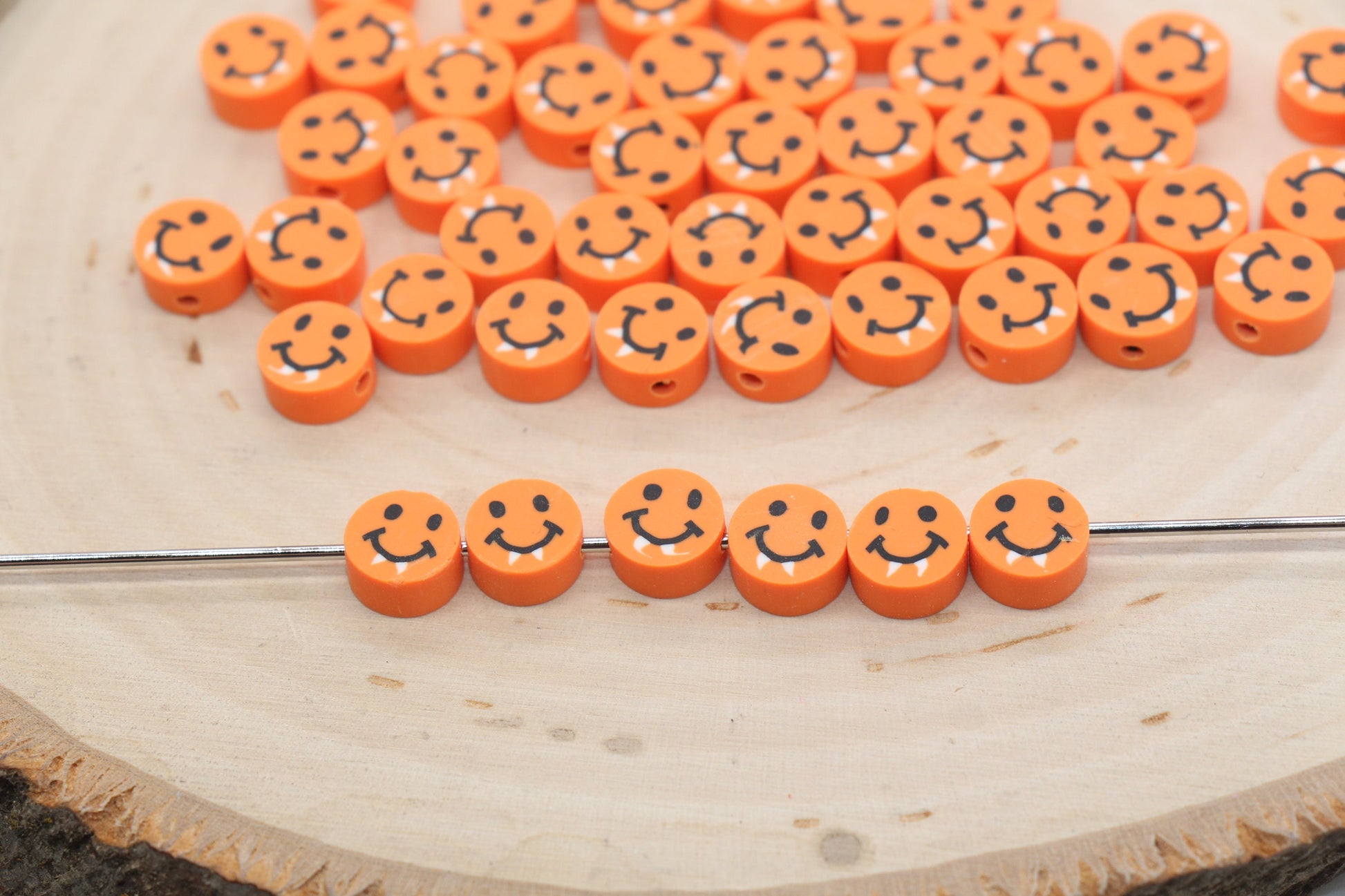 Vampire Smiley Face Beads, Halloween Themed Polymer Clay Beads, Orange Happy Face Beads, Jewelry Beads, Beads for Bracelet #484