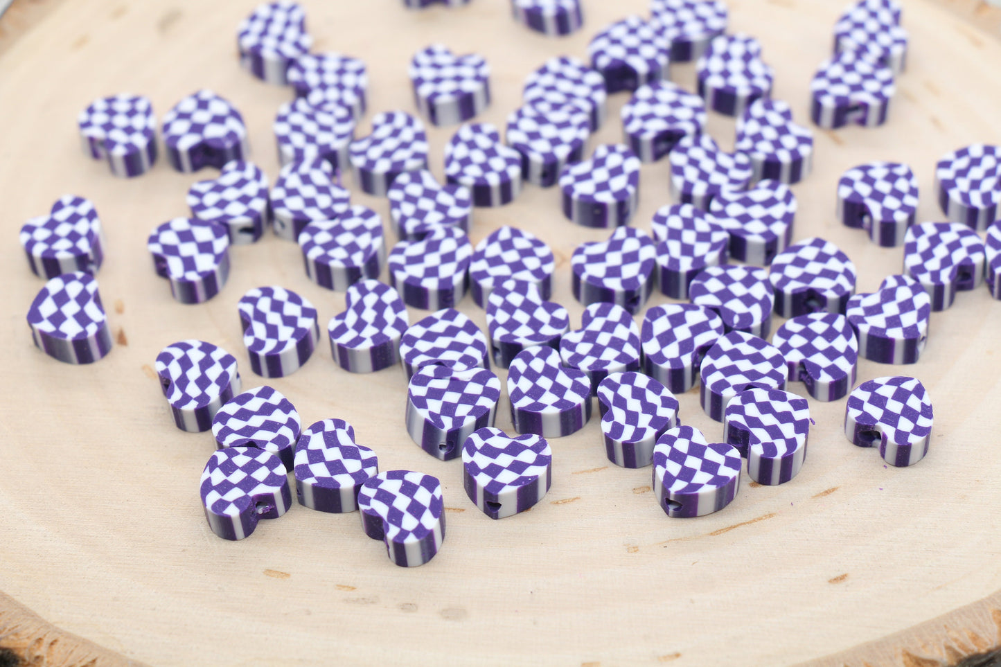 Checkered Heart Polymer Clay Beads, Purple Heart Shape Clay Round Beads, Loose Beads, Jewelry Beads, Beads for Bracelet #499