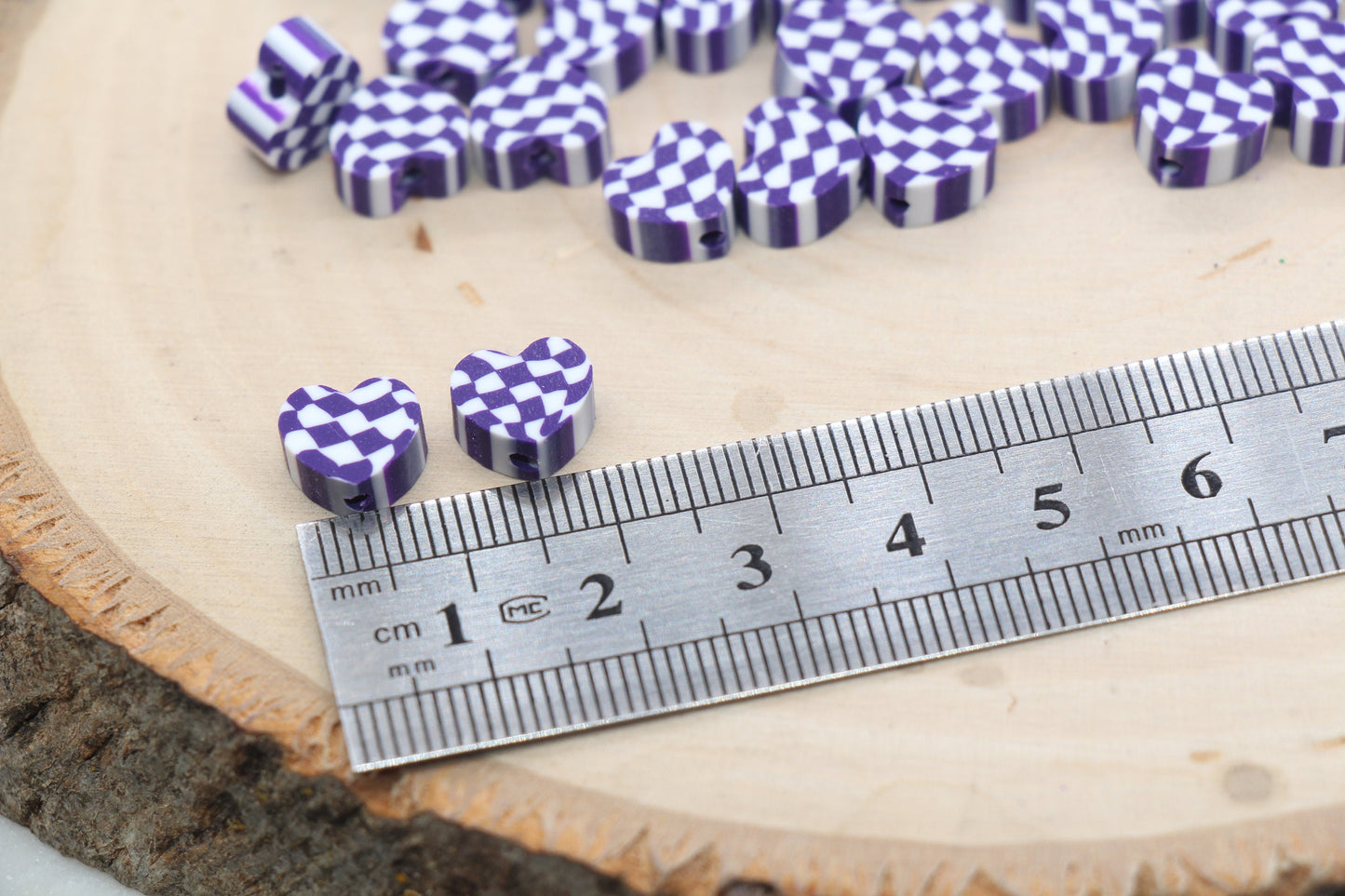 Checkered Heart Polymer Clay Beads, Purple Heart Shape Clay Round Beads, Loose Beads, Jewelry Beads, Beads for Bracelet #499