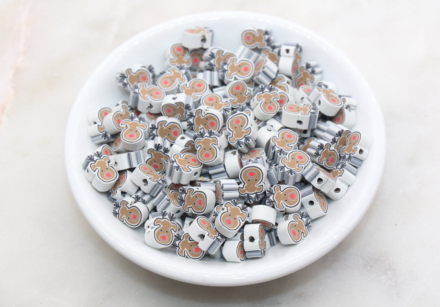 Reindeer Clay Beads, Christmas Themed Clay Beads, Holiday Animal Beads, Round Polymer Clay Beads, Clay Jewelry Beads #554