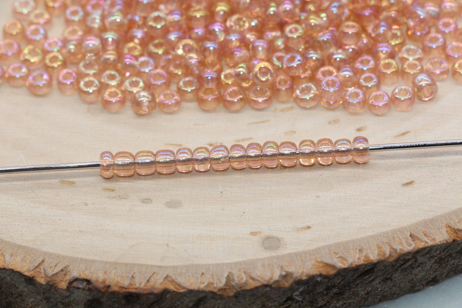 Transparent Iridescent Glass Seed Beads, 4mm 6/0 Glass Round Seed Beads, Peach AB Trans Seed Beads, Rocailles Beads, Beading Supplies #1146