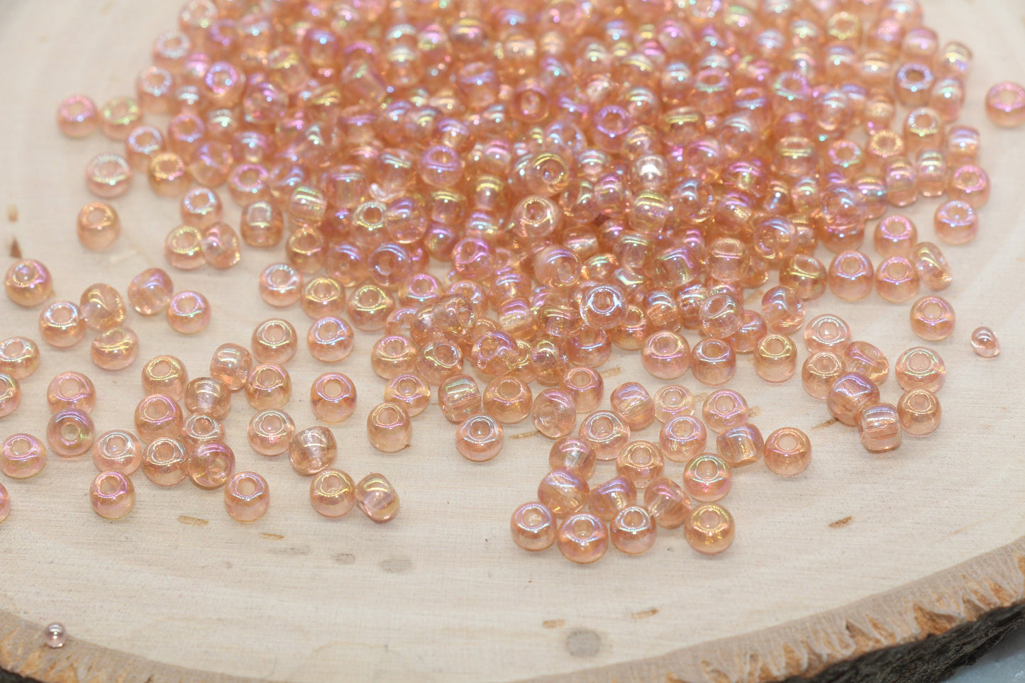 Transparent Iridescent Glass Seed Beads, 4mm 6/0 Glass Round Seed Beads, Peach AB Trans Seed Beads, Rocailles Beads, Beading Supplies #1146