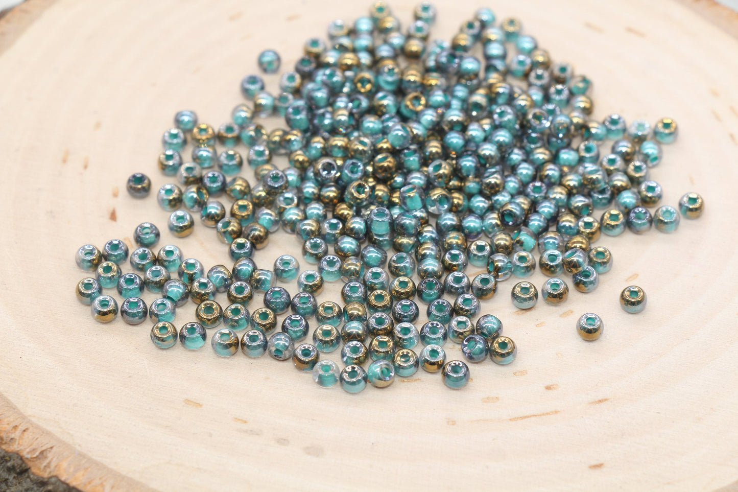 Gold with Blue Lining Ombre Glass Beads, 4mm Glass Round Seed Beads, Shiny Seed Beads, Beading Supplies, Beads for Bracelet #3194