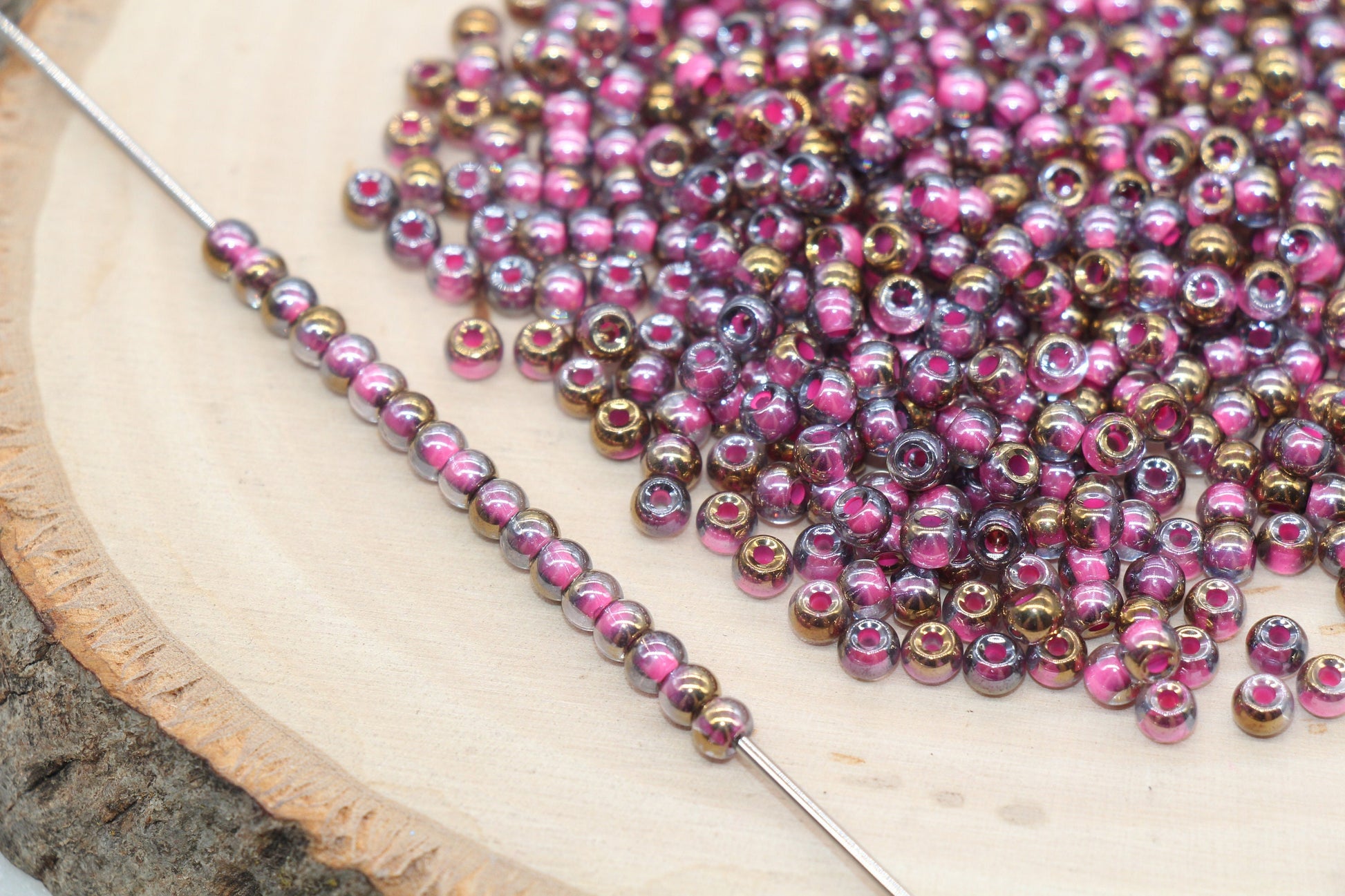 Gold with Pink Lining Ombre Glass Beads, 4mm Glass Round Seed Beads, Shiny Seed Beads, Beading Supplies, Beads for Bracelet #3200