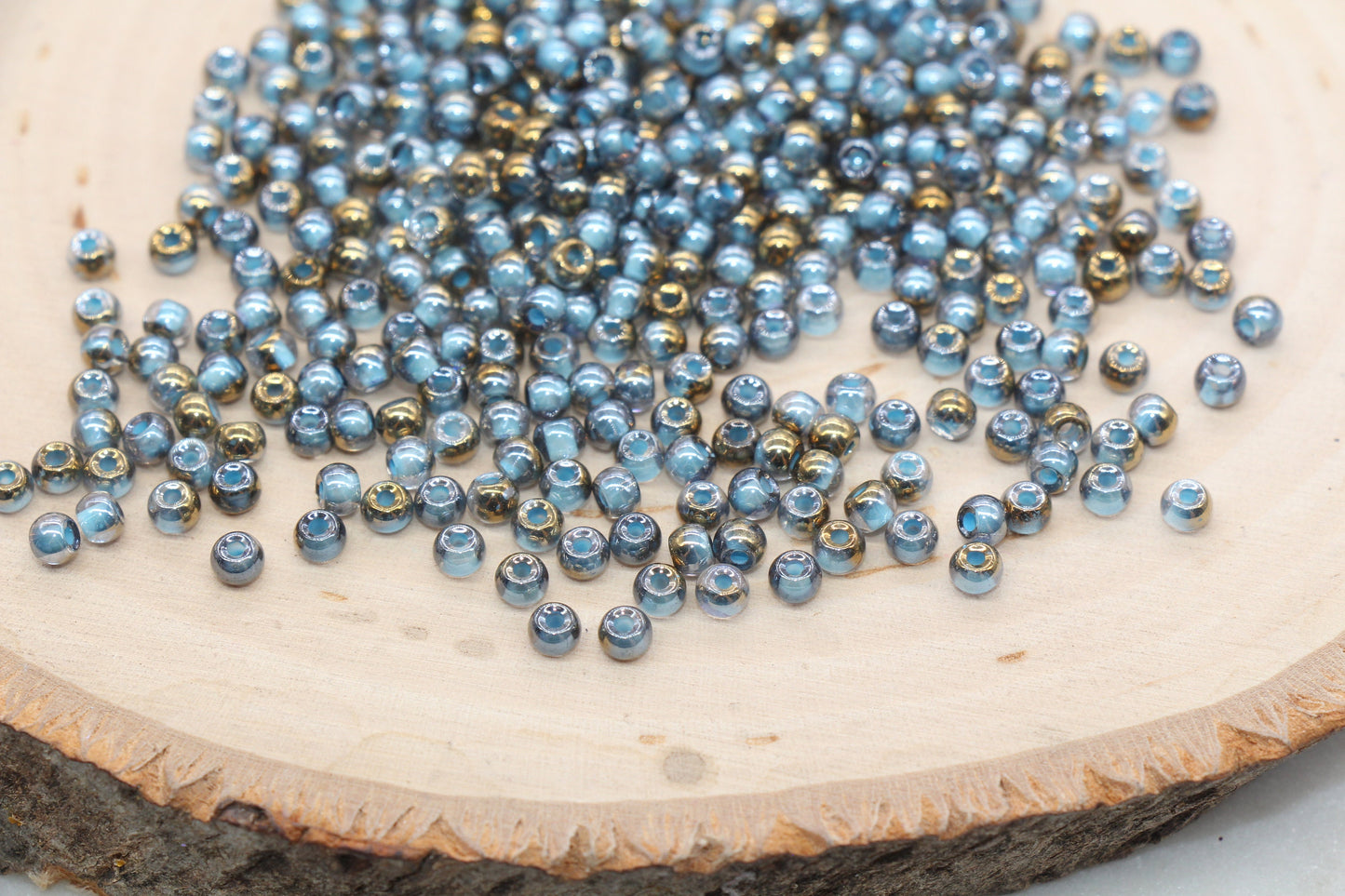 Gold with Blue Lining Ombre Glass Beads, 4mm Glass Round Seed Beads, Shiny Seed Beads, Beading Supplies, Beads for Bracelet #3204