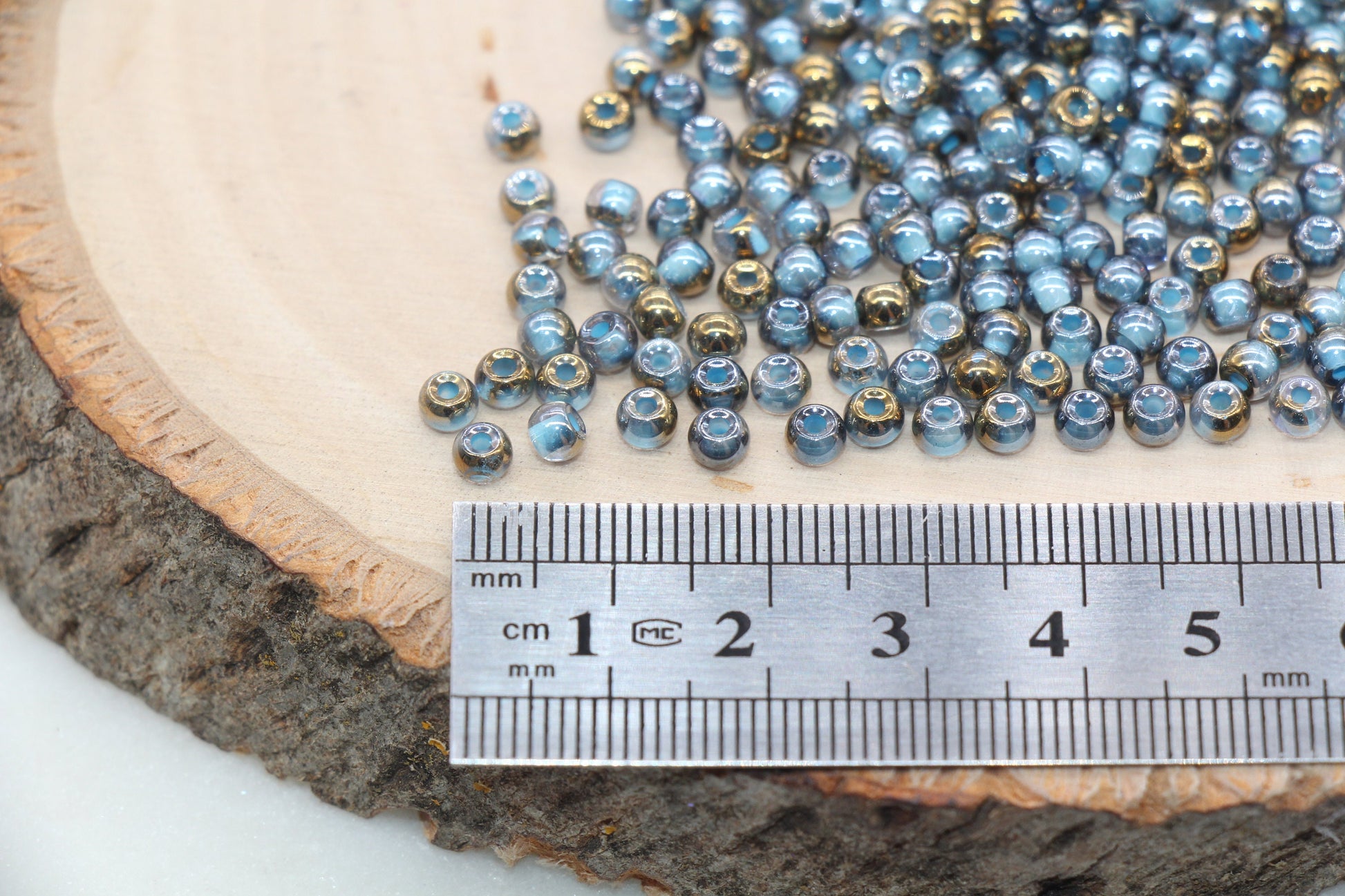 Gold with Blue Lining Ombre Glass Beads, 4mm Glass Round Seed Beads, Shiny Seed Beads, Beading Supplies, Beads for Bracelet #3204