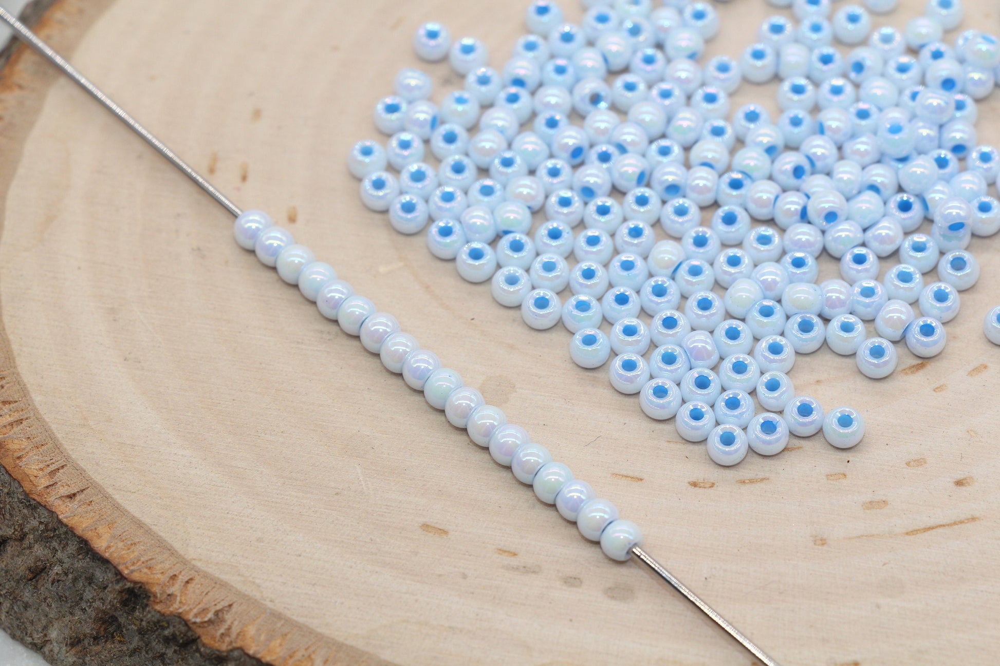 Iridescent Glass Seed Beads, 4mm Shiny Round Glass Seed Beads, Light Blue AB Opaque Seed Beads, Rocailles Beads, Beading Supplies #3211