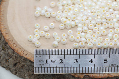 Iridescent Glass Seed Beads, 4mm Shiny Round Glass Seed Beads, Ivory AB Opaque Seed Beads, Rocailles Beads, Beading Supplies #3217