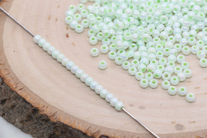 Iridescent Glass Seed Beads, 4mm Shiny Round Glass Seed Beads, Mint Green AB Opaque Seed Beads, Rocailles Beads, Beading Supplies #3221