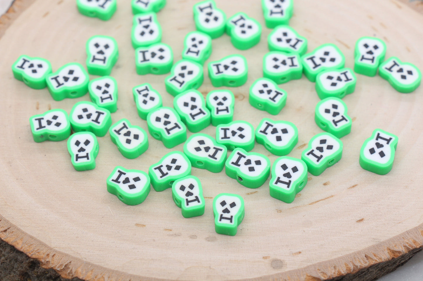 Green Skull Face Beads, Halloween Themed Clay Beads, Skull Head Clay Beads, Bracelet Beads, Kids Craft Beads #515