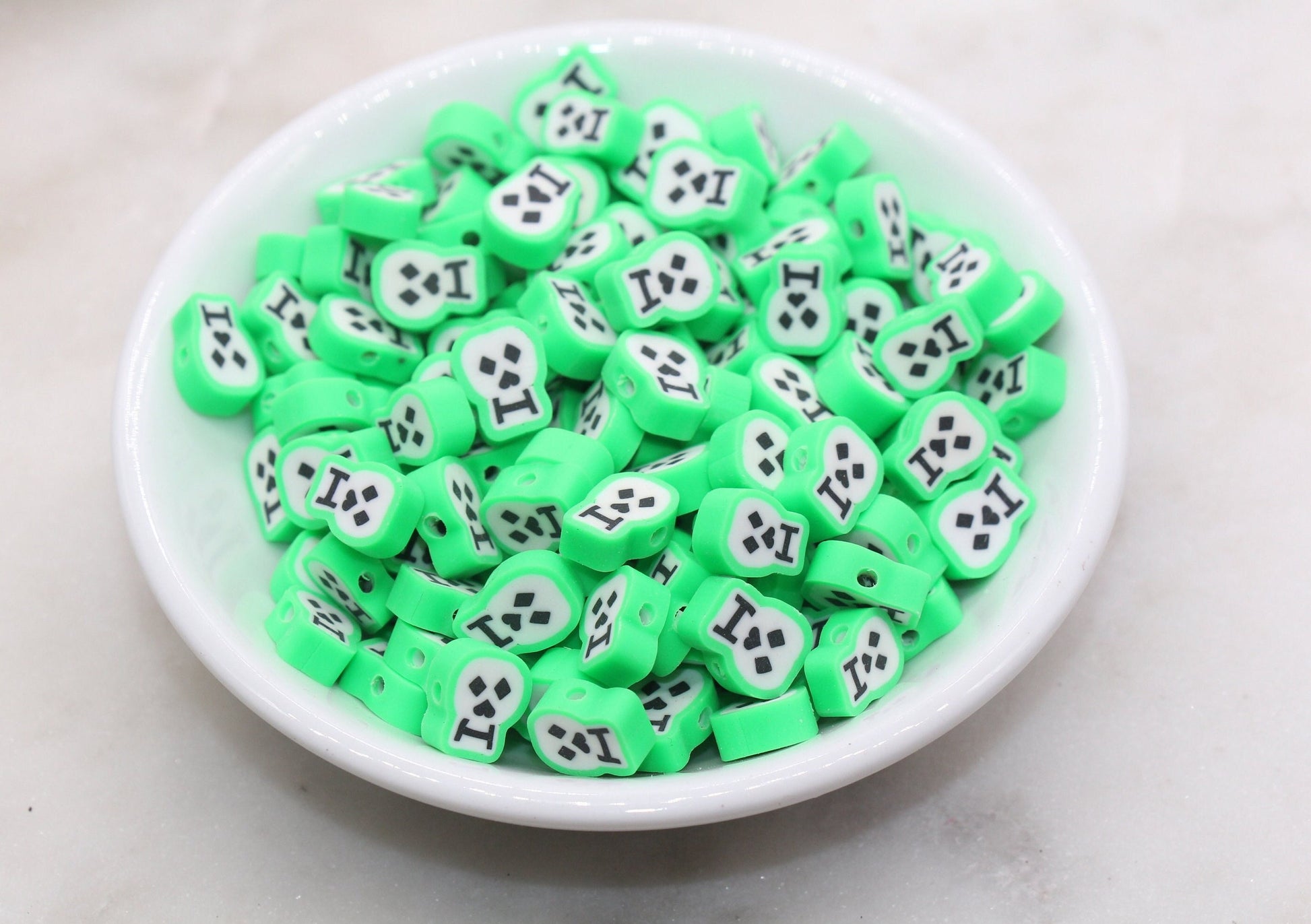 Green Skull Face Beads, Halloween Themed Clay Beads, Skull Head Clay Beads, Bracelet Beads, Kids Craft Beads #515