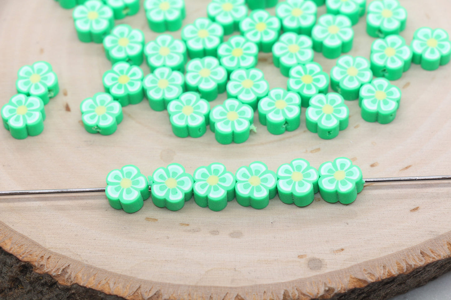 Green Flower Polymer Clay Beads, Flower Clay Beads, Flower Shape Beads, Jewelry Beads, Beads for Bracelet, Kids Craft Beads #519