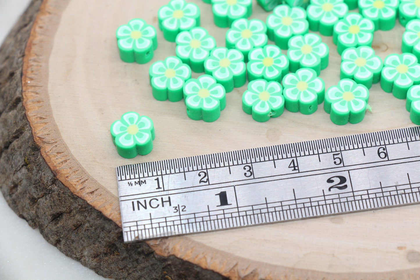 Green Flower Polymer Clay Beads, Flower Clay Beads, Flower Shape Beads, Jewelry Beads, Beads for Bracelet, Kids Craft Beads #519