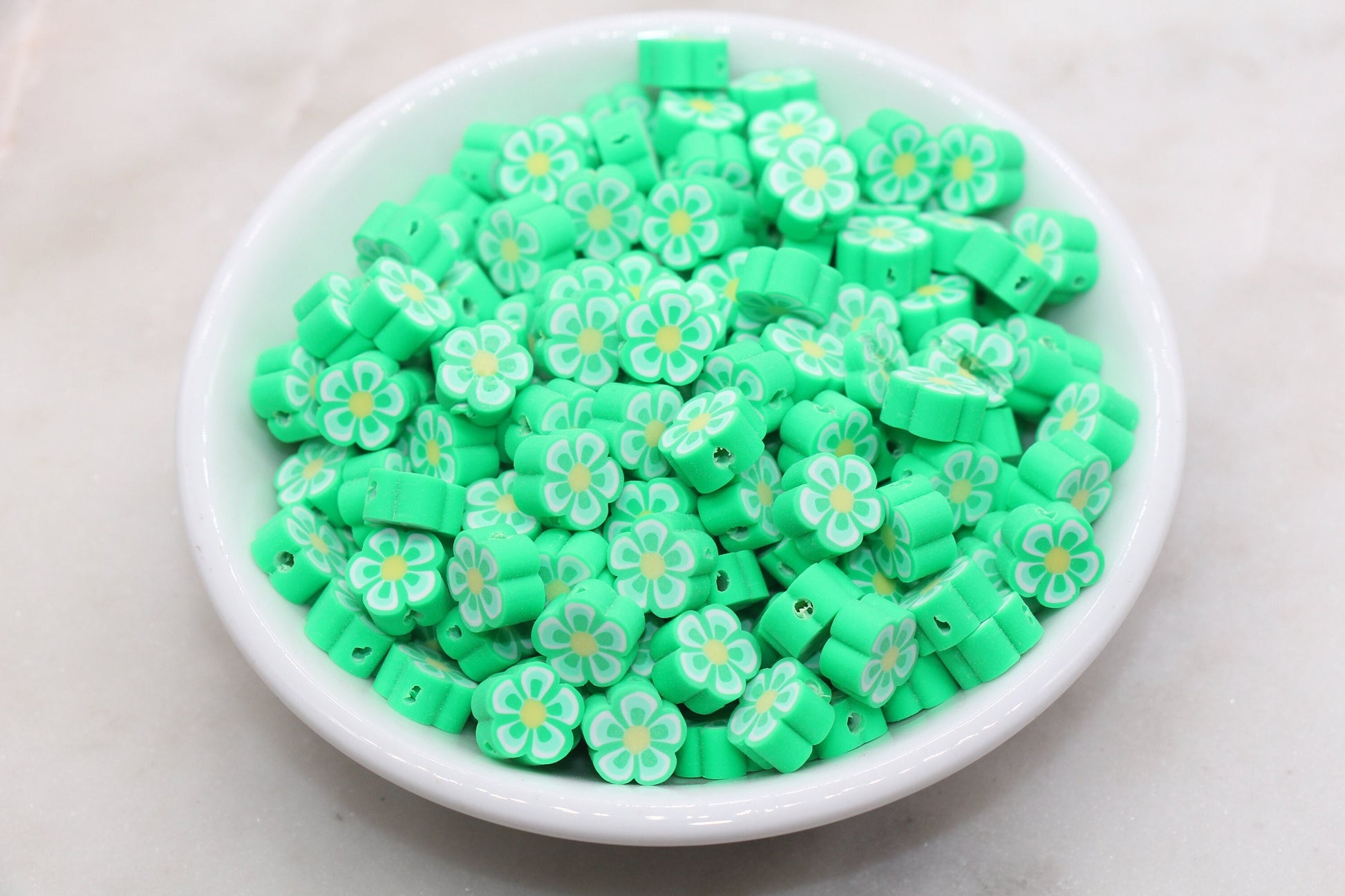 Green Flower Polymer Clay Beads, Flower Clay Beads, Flower Shape Beads, Jewelry Beads, Beads for Bracelet, Kids Craft Beads #519