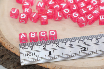 Translucent Hot Pink Alphabet Letter Beads, Mix Acrylic Letter Beads, Plastic Letter Beads, Acrylic Square Name Beads, Size 6mm, #3229