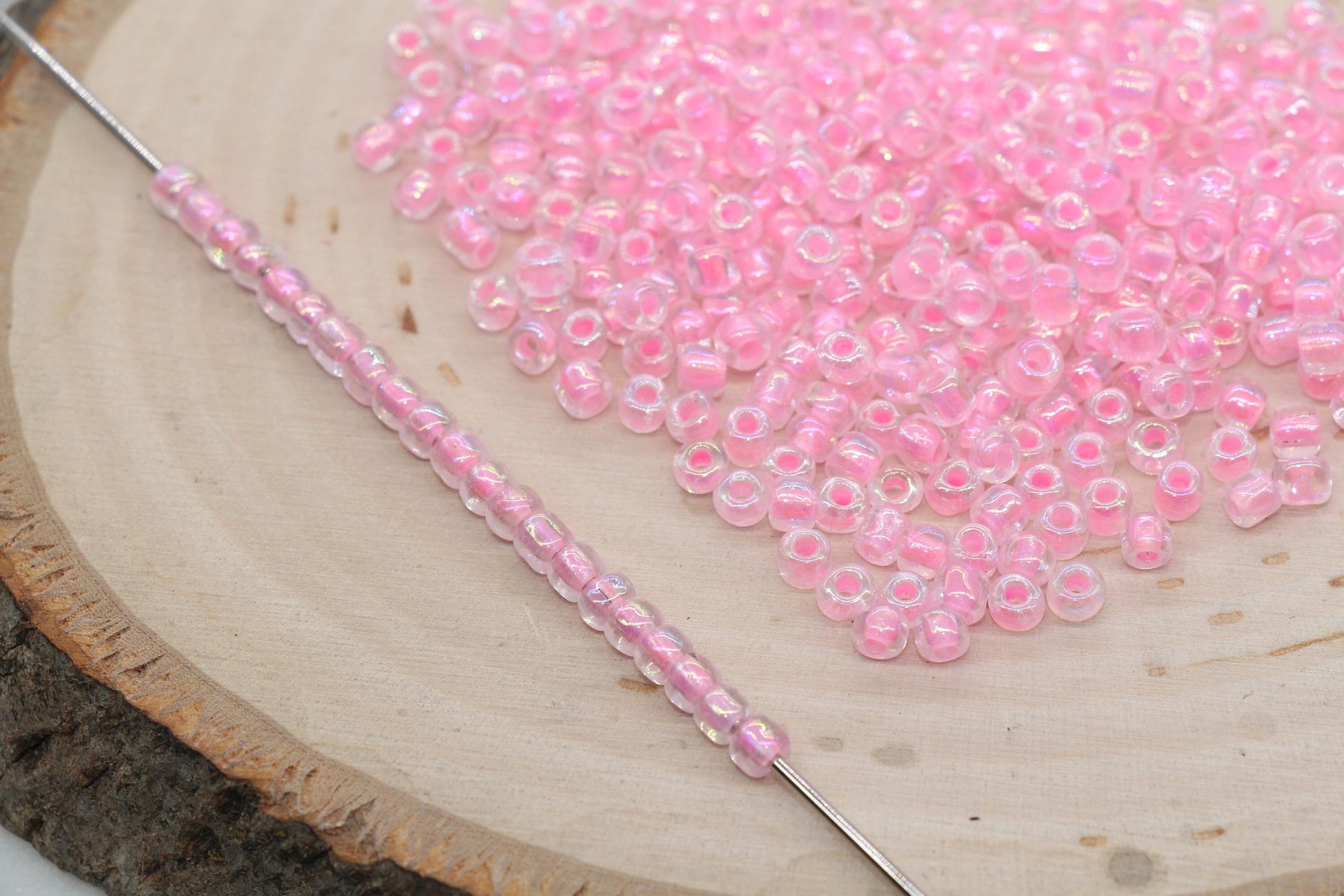 Iridescent Pink Lined Glass Seed Beads, 4mm 6/0 Glass Round Seed Beads, AB Pink Lining Glass Beads, Beading Supplies #2157