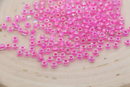 Iridescent Pink Lined Glass Seed Beads, 4mm 6/0 Glass Round Seed Beads, AB Pink Lining Glass Beads, Beading Supplies #1207