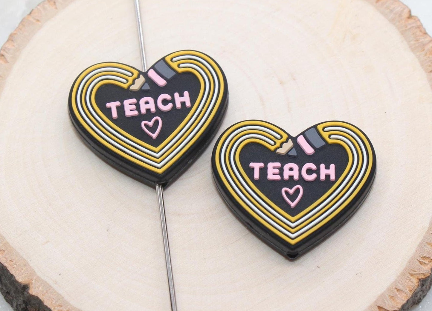 Teach Pencil Heart Silicone Beads, Teacher Silicone Beads, School Silicone Beads, Silicone Loose Beads, Teacher Focal Beads #586