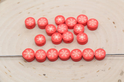 Snowflake Polymer Clay Beads, Round Snow Clay Beads, Winter Themed Clay Beads, Holiday Themed Beads, Jewelry Beads, Beads for Bracelet #549