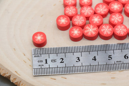 Snowflake Polymer Clay Beads, Round Snow Clay Beads, Winter Themed Clay Beads, Holiday Themed Beads, Jewelry Beads, Beads for Bracelet #549