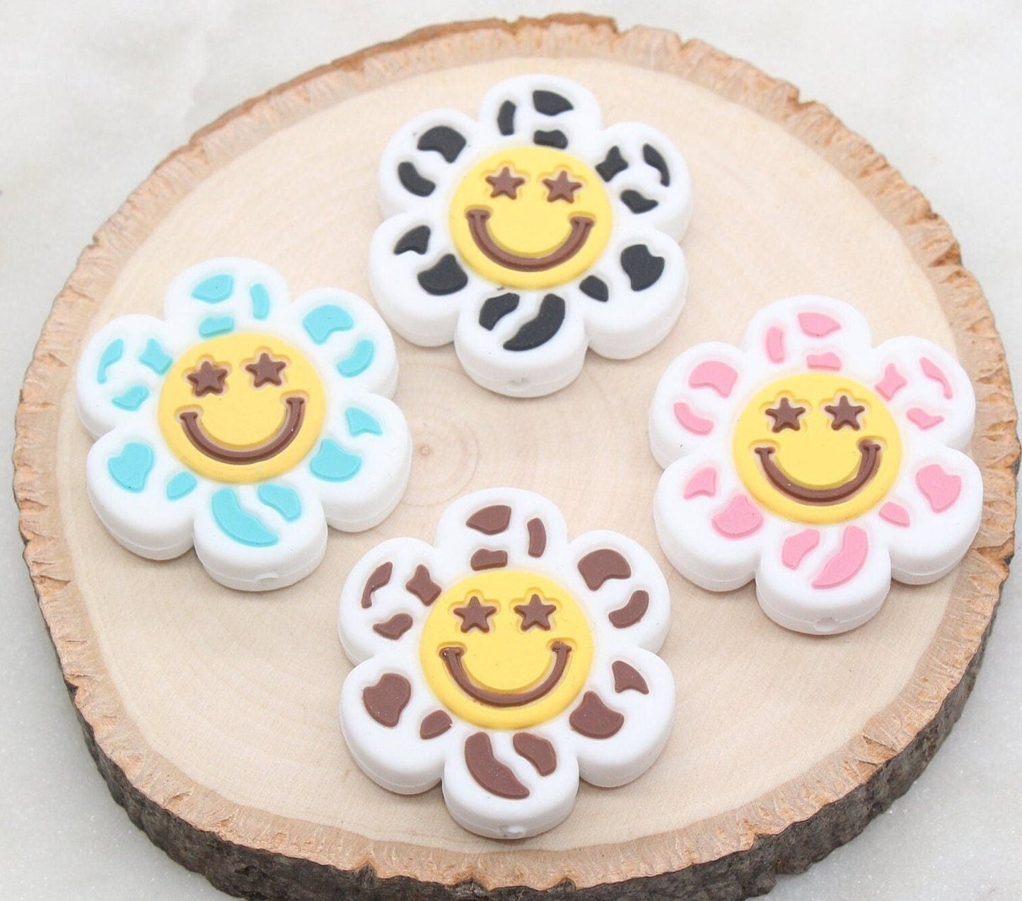 Smiley Face Flower Silicone Beads, Happy Face Flower Silicone Beads, Chunky Beads, Silicone Loose Beads, Focal Beads #557