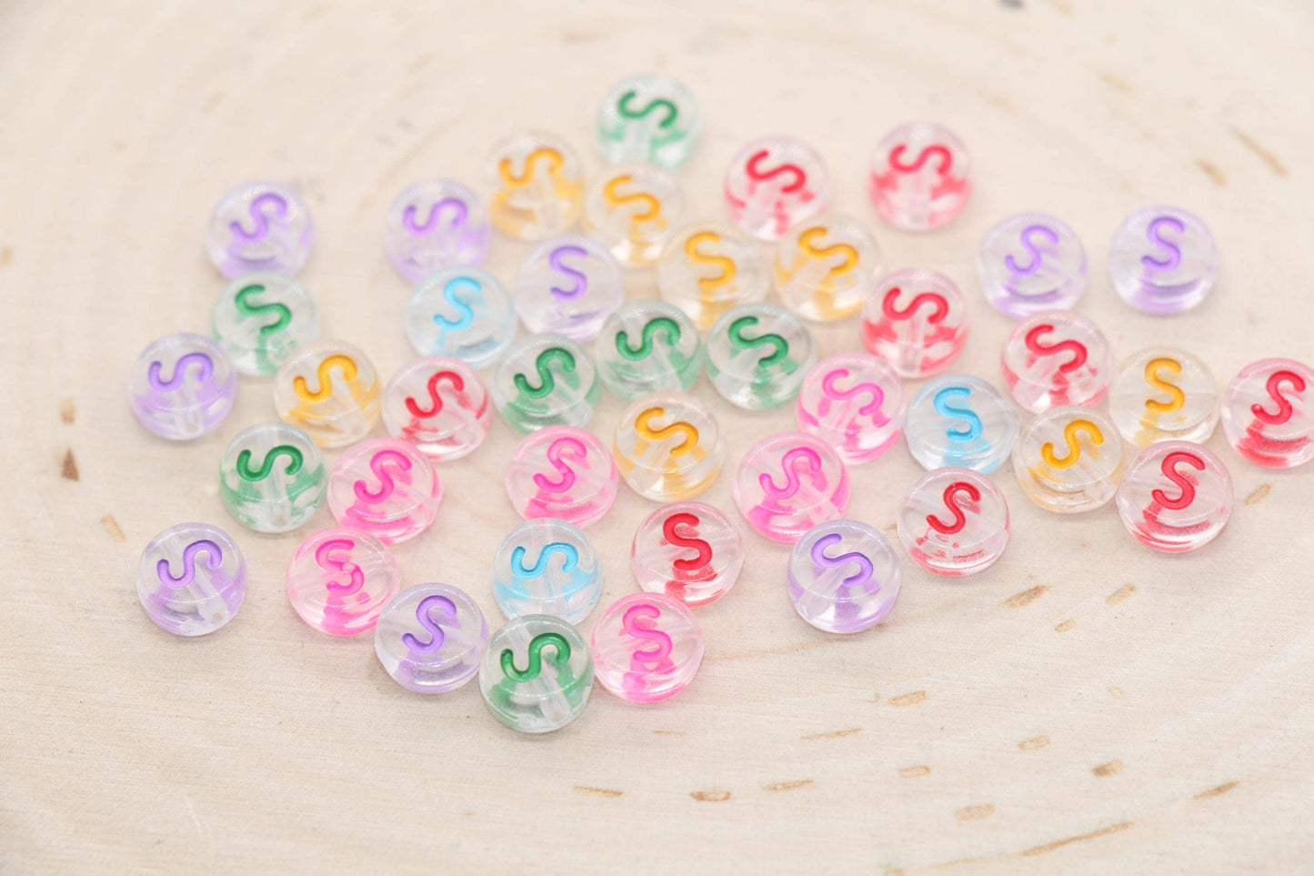 Letter S Alphabet Beads, Transparent Beads with Mix Color Letters, Individual Letter Beads, Name Initial Beads, Beads for Bracelet, Size 7mm