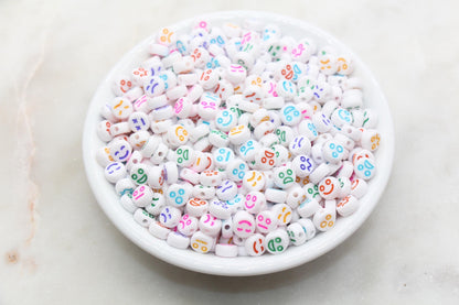 Facial Expression Round Beads, White Beads with Multicolor Emoji, Rainbow Emoji Beads, Happy Face, Sad Face, Round Beads Size 7mm #1594