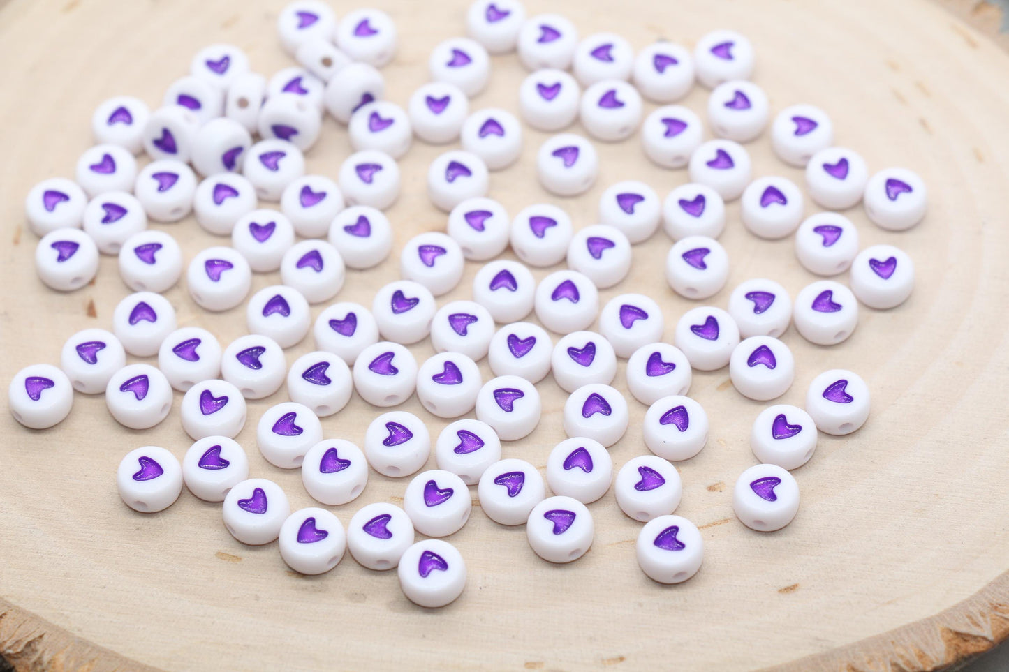 Purple Heart Beads, White Beads with Purple Hearts, Acrylic Heart Symbol Beads, Beads for Bracelets, Size 7mm #1592