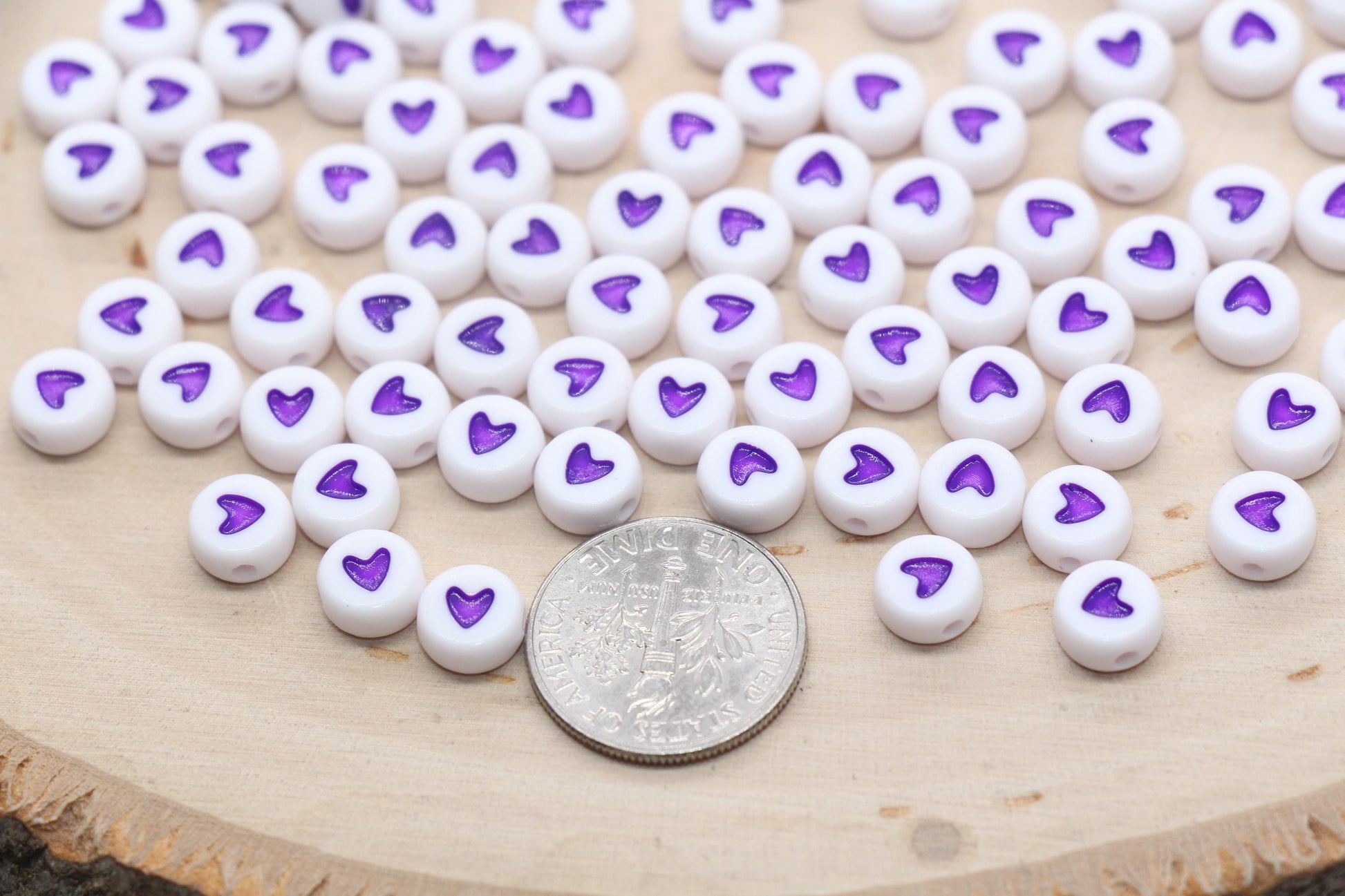 Purple Heart Beads, White Beads with Purple Hearts, Acrylic Heart Symbol Beads, Beads for Bracelets, Size 7mm #1592