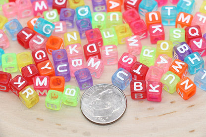 Mix Translucent Alphabet Letter Beads, Multicolor Cube Shape Letter Beads, Acrylic Square Name Initial Beads, Size 6mm #3235