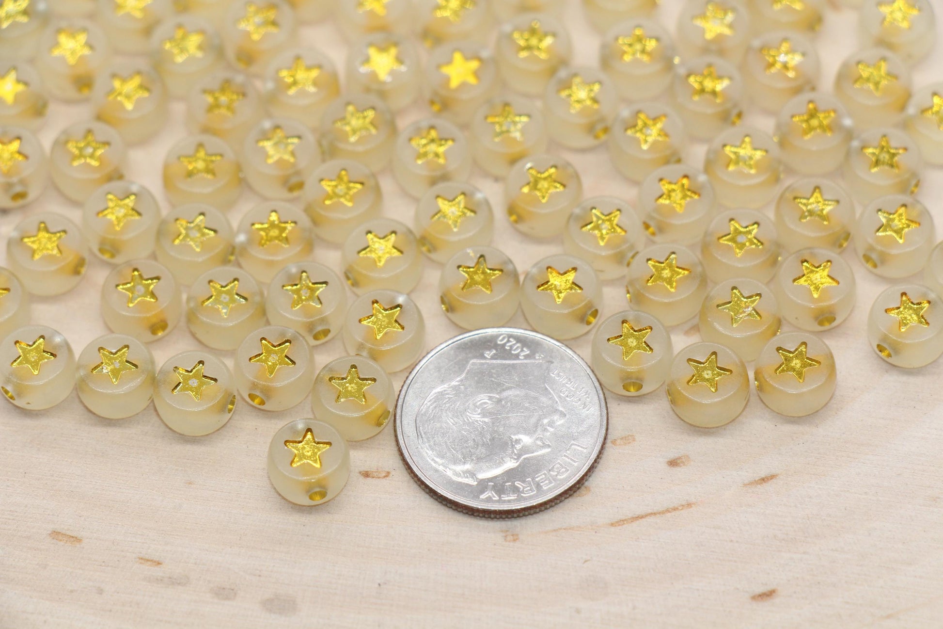 Glow in Dark Star Beads, Acrylic Glowing Bead with Gold Stars, Gold Star Round Beads, Size 7mm #3260