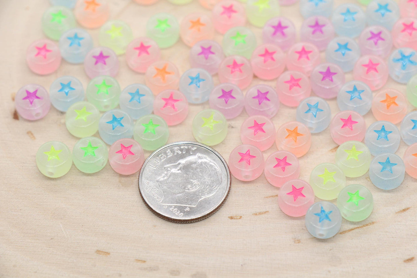 Glow in Dark Star Beads, Acrylic Glowing Bead with Mix Color Stars, Multicolored Star Round Beads, Size 7mm #3261