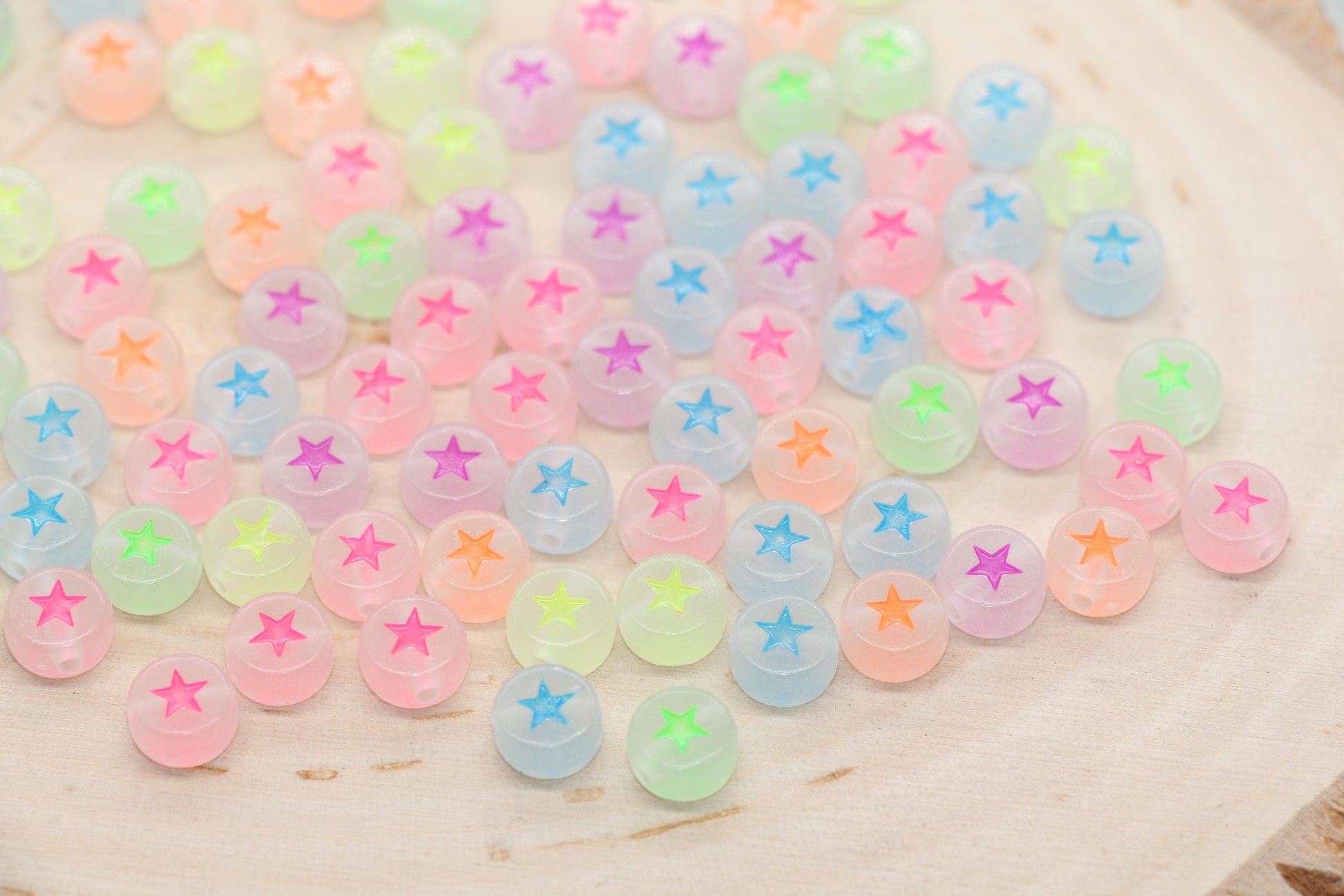 Glow in Dark Star Beads, Acrylic Glowing Bead with Mix Color Stars, Multicolored Star Round Beads, Size 7mm #3261