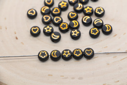 Heart, Star, Flower, Moon Beads, Acrylic Black Beads with Gold symbols, Plastic Heart Star Moon Flower, Bracelet Beads, Size 7mm #3263