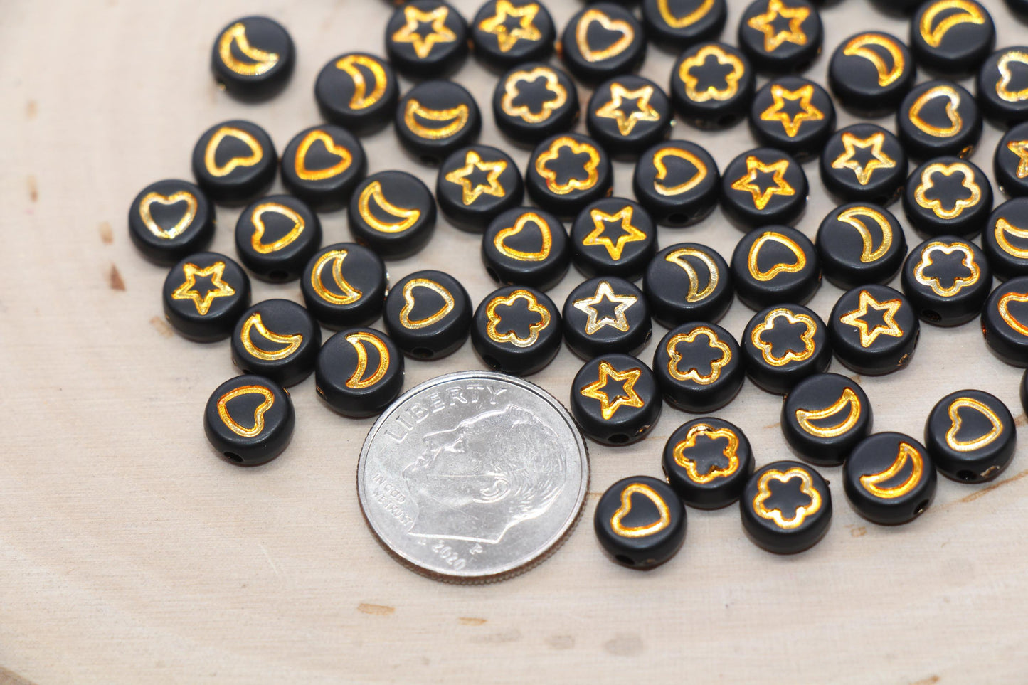 Heart, Star, Flower, Moon Beads, Acrylic Black Beads with Gold symbols, Plastic Heart Star Moon Flower, Bracelet Beads, Size 7mm #3263