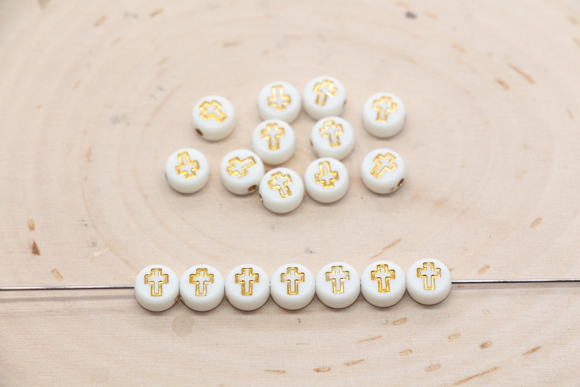 Gold Cross Beads, White Beads with Gold Cross, Acrylic Cross Beads, Religious Round Beads, Beads for Bracelets #198