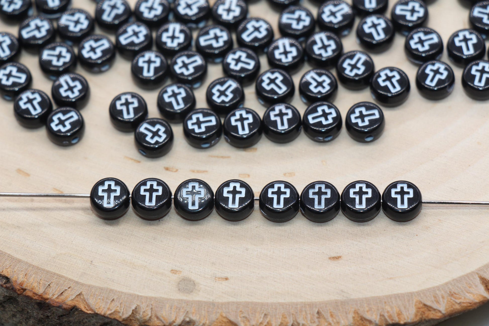 Round Cross Beads, Black Beads with White Cross, Acrylic Cross Beads, Religious Round Beads, Beads for Bracelets #3264