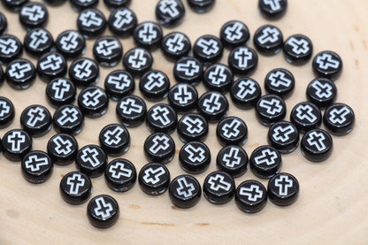 Round Cross Beads, Black Beads with White Cross, Acrylic Cross Beads, Religious Round Beads, Beads for Bracelets #3264