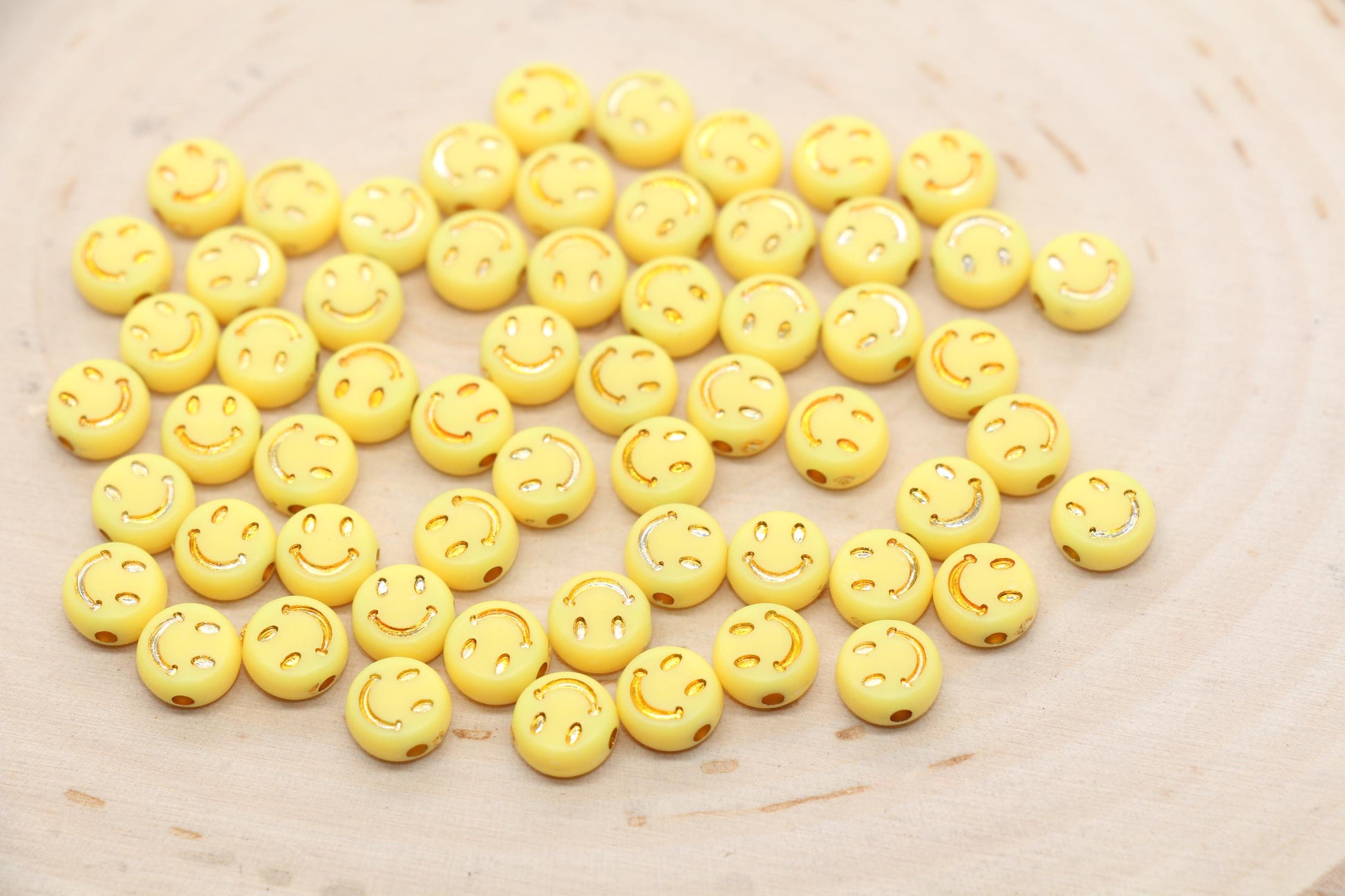 Smiley Face Round Beads, Yellow Beads with Gold Smiling Face Beads, Happy Face Beads, Emoji Round Beads, Plastic Round Beads Size 7mm #3275