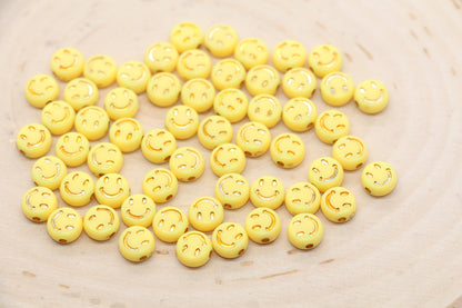 Smiley Face Round Beads, Yellow Beads with Gold Smiling Face Beads, Happy Face Beads, Emoji Round Beads, Plastic Round Beads Size 7mm #3275