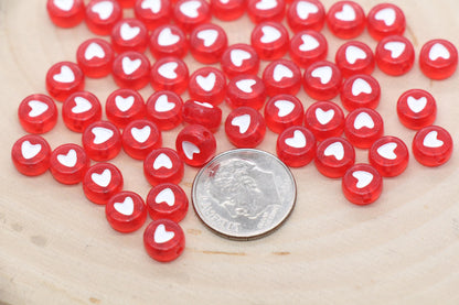 Translucent Red Heart Beads, Red Beads with White Hearts, Heart Symbol Beads, Round Beads, Acrylic Symbol Beads, Size 7mm #17