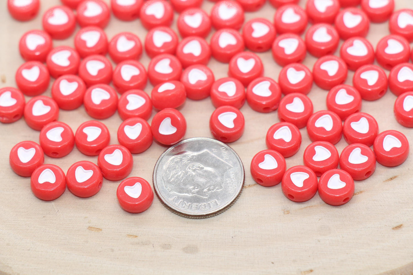 Bright Red Heart Beads, Red Beads with White Hearts, Heart Symbol Beads, Round Beads, Acrylic Symbol Beads, Size 7mm #3293