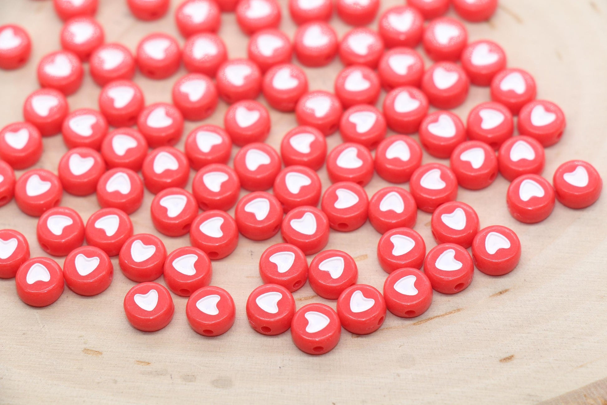 Bright Red Heart Beads, Red Beads with White Hearts, Heart Symbol Beads, Round Beads, Acrylic Symbol Beads, Size 7mm #3293