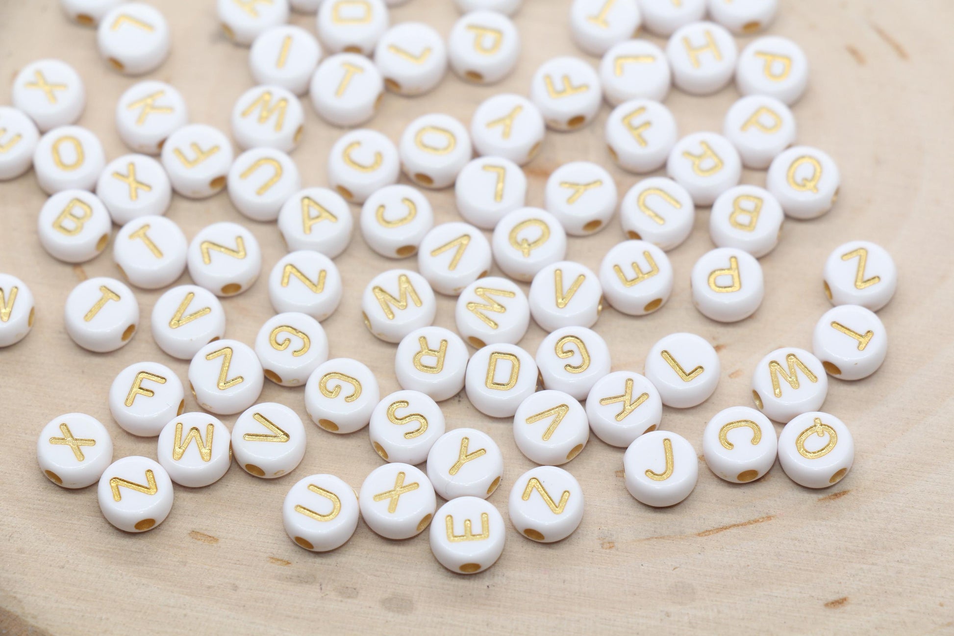 Mix Alphabet Letter Beads, Acrylic White with Bronze Lettering, Round Acrylic Beads, Name Initial Beads, Beads for Bracelets Size 7mm #1310